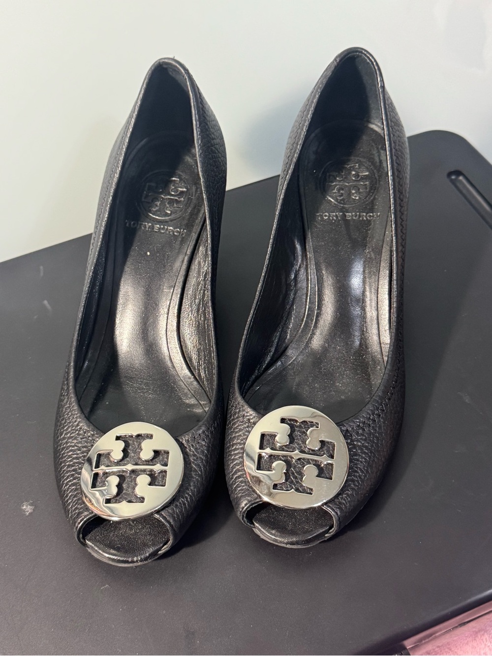 Tory Burch Black Pebbled Leather Peep-Toe Heels with Silver Logo Discs